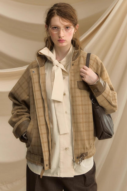 Stand Collar Plaid Woolen Jacket