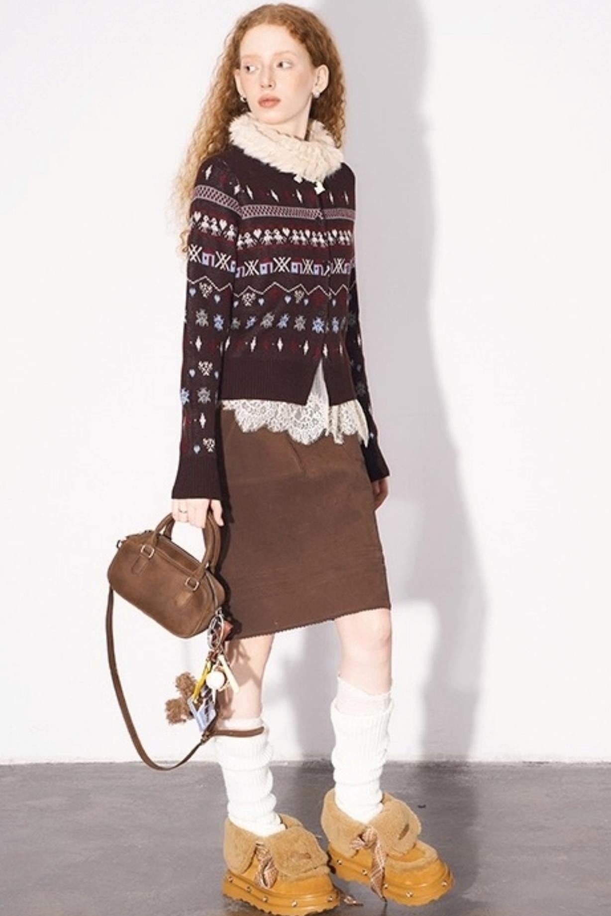 Layering Wave Lace Leather Skirt