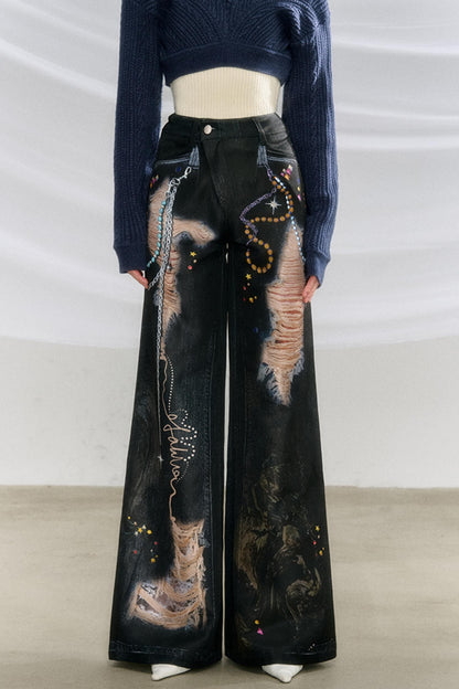 Ripped Faux-Denim Flared Pants