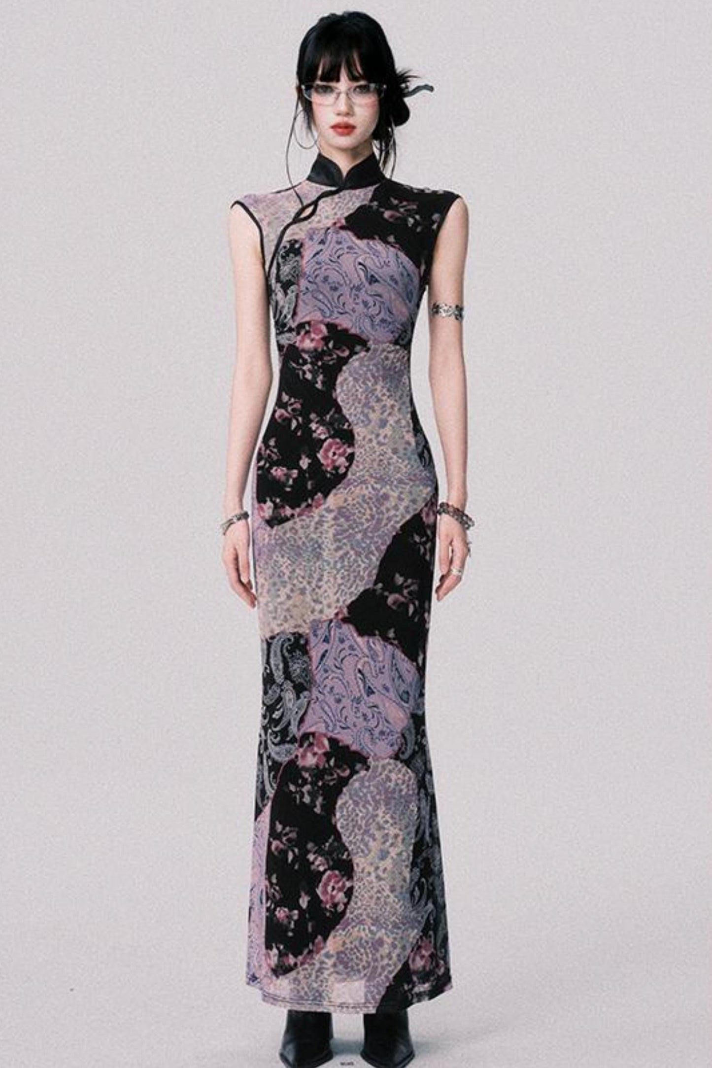 Smokey Purple Color-Block Cheongsam Dress