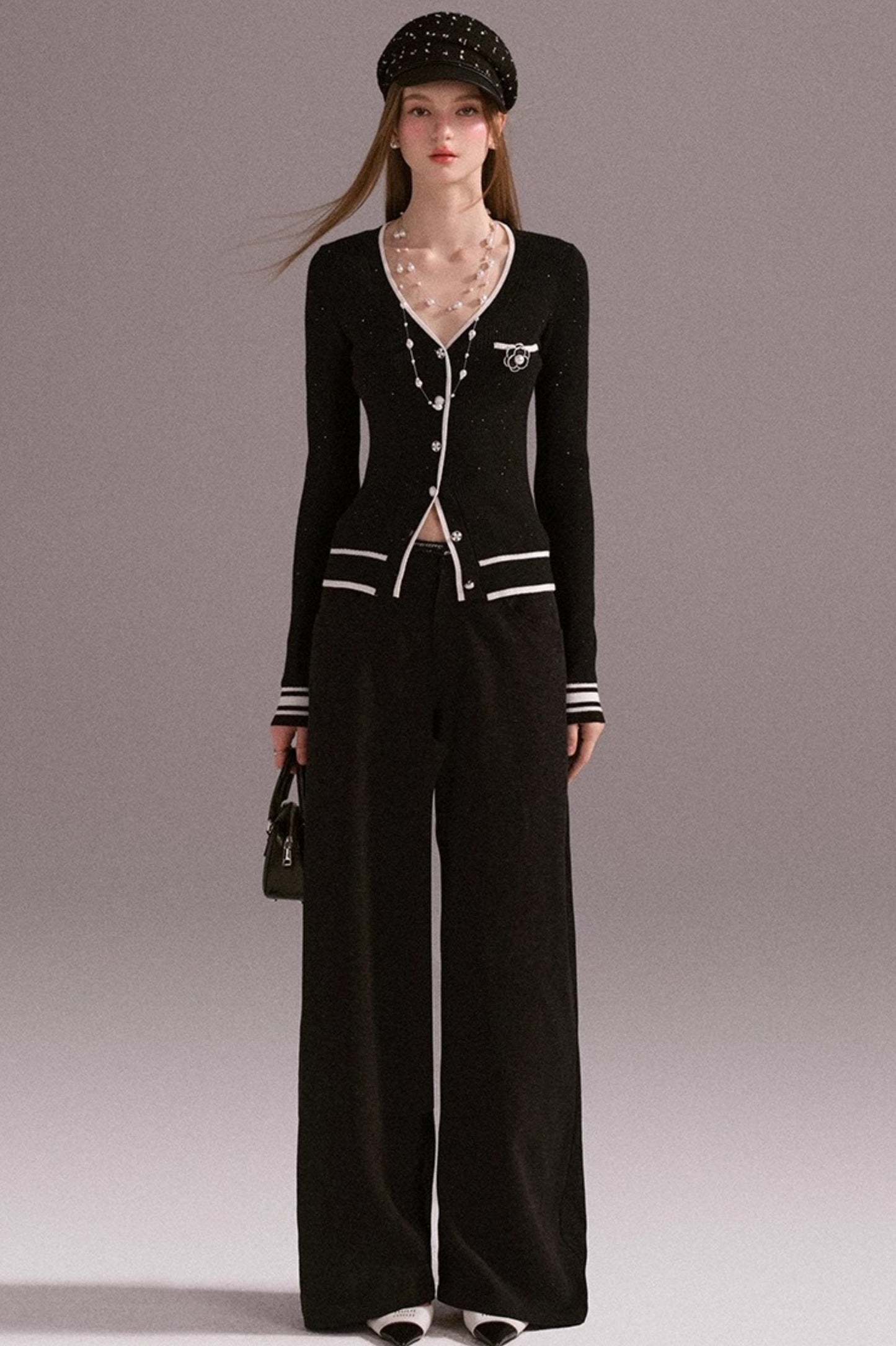 Hot Girl Contrast Knit Cardigan Suit Set-Up