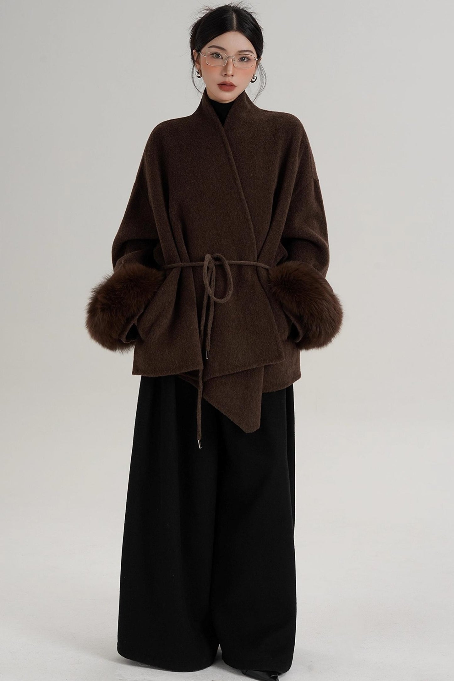 Elegant Fox Fur Sleeve Wool Coat