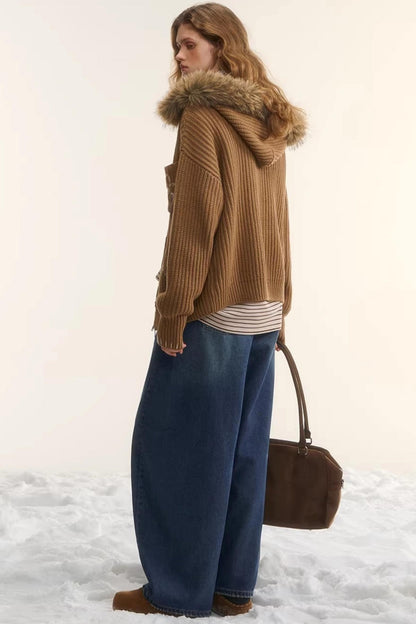 Detachable Fur Hooded Cardigan