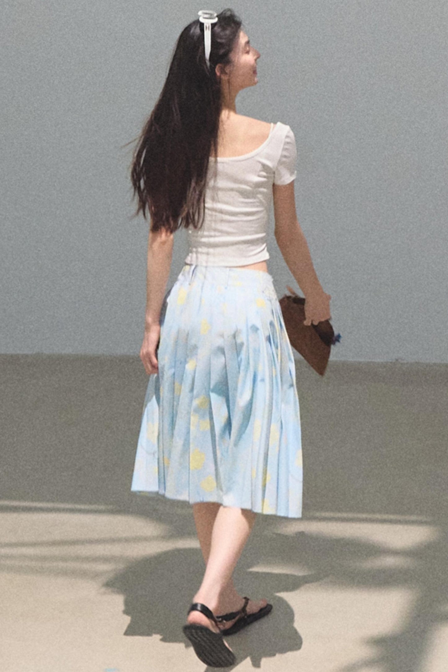 Running Waves Cotton Poplin Pleated Midi Skirt