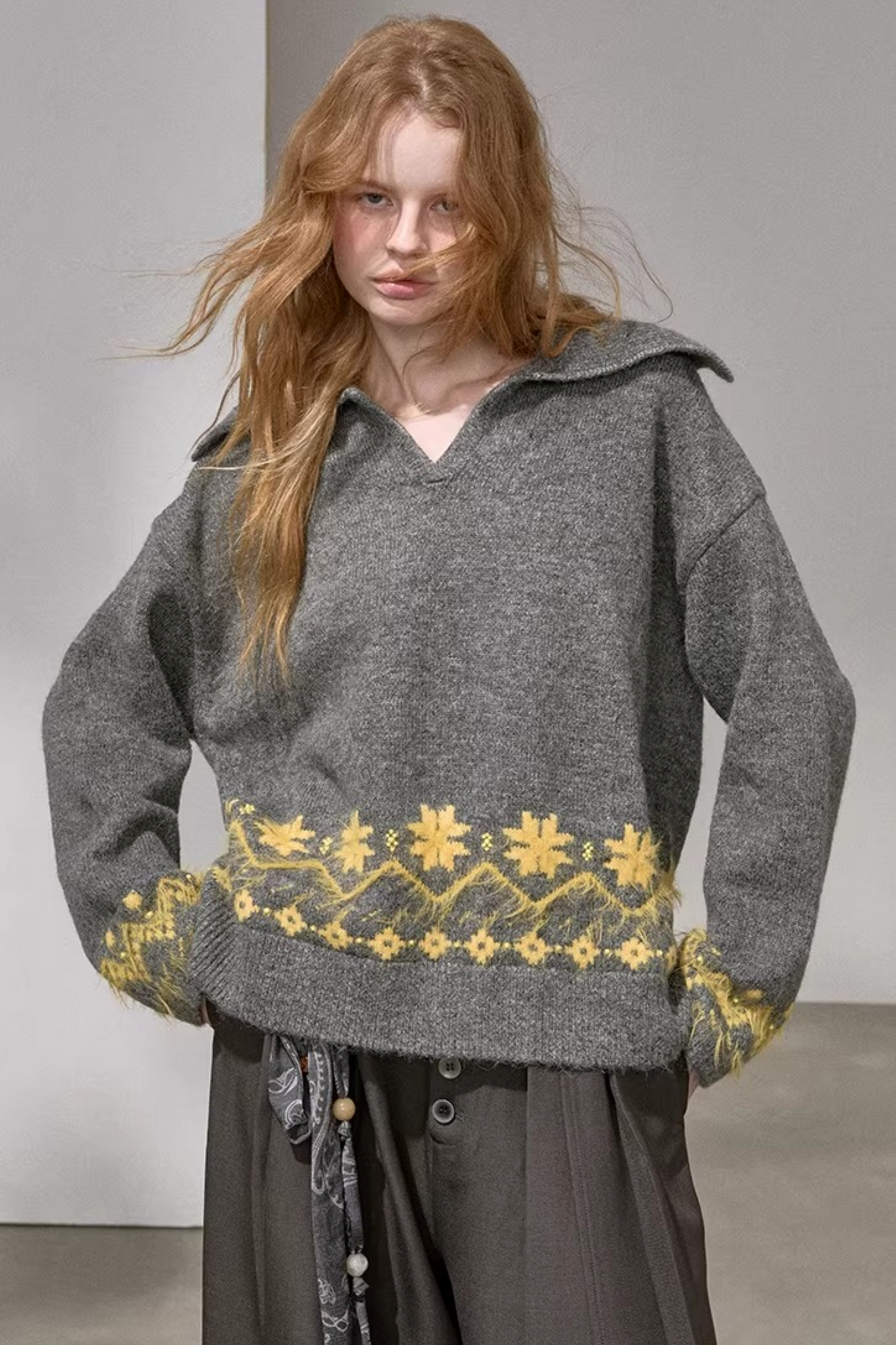 Lace-Up Turn-Down Collar Sweater Matching Set