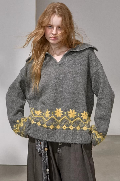 Lace-Up Turn-Down Collar Sweater Matching Set