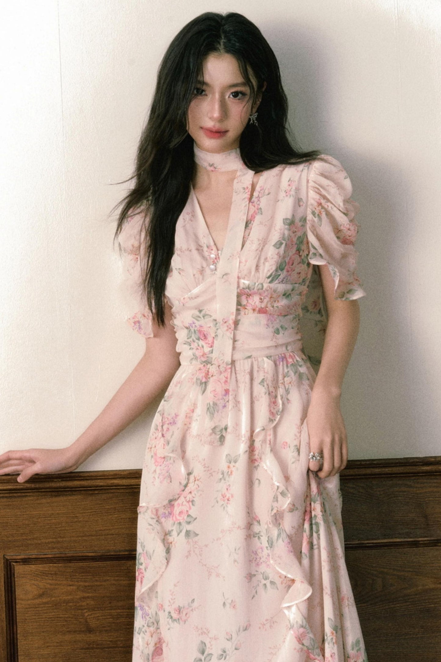 Pink Chiffon V-Neck Summer Dress