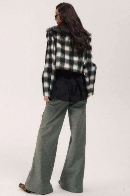 Plaid Wool Fur Collar Jacket