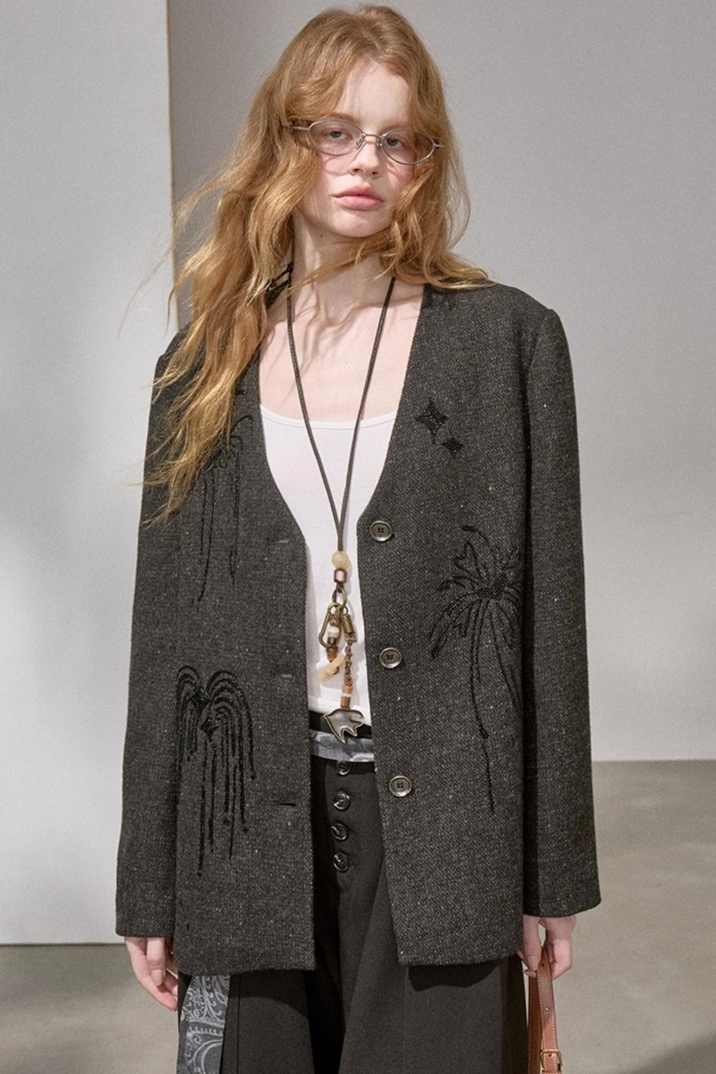 High-Density Beaded V-Neck Jacket