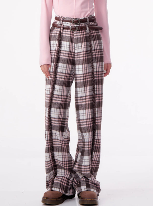 High Waist Slim Straight Leg Tweed Pants