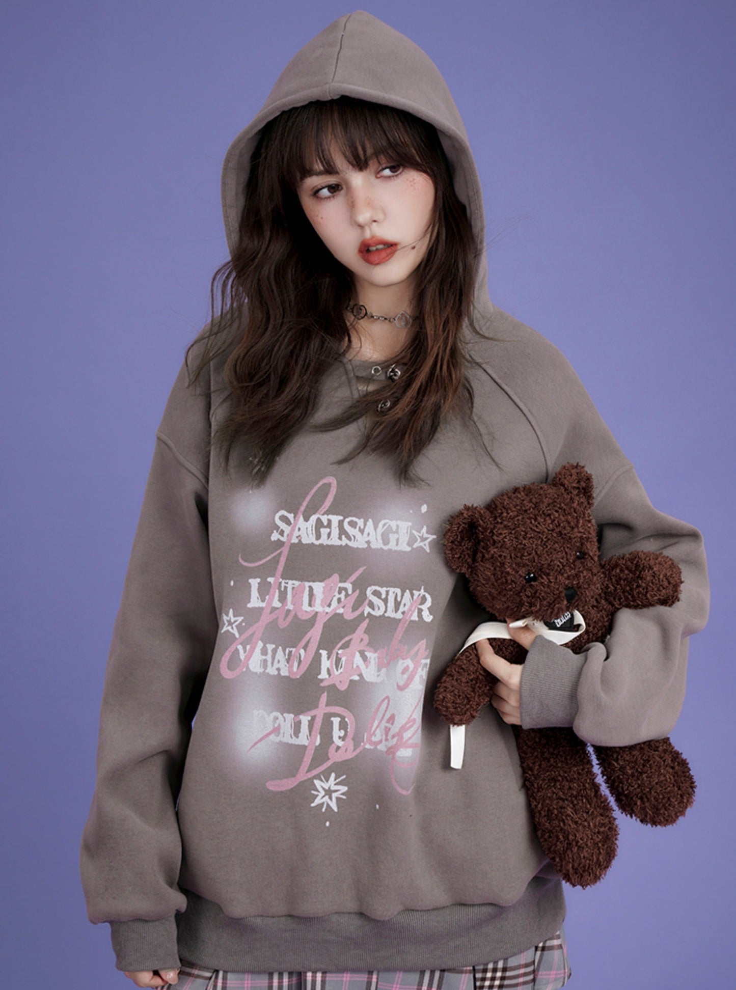 Letter print pullover hooded and suede thick coat
