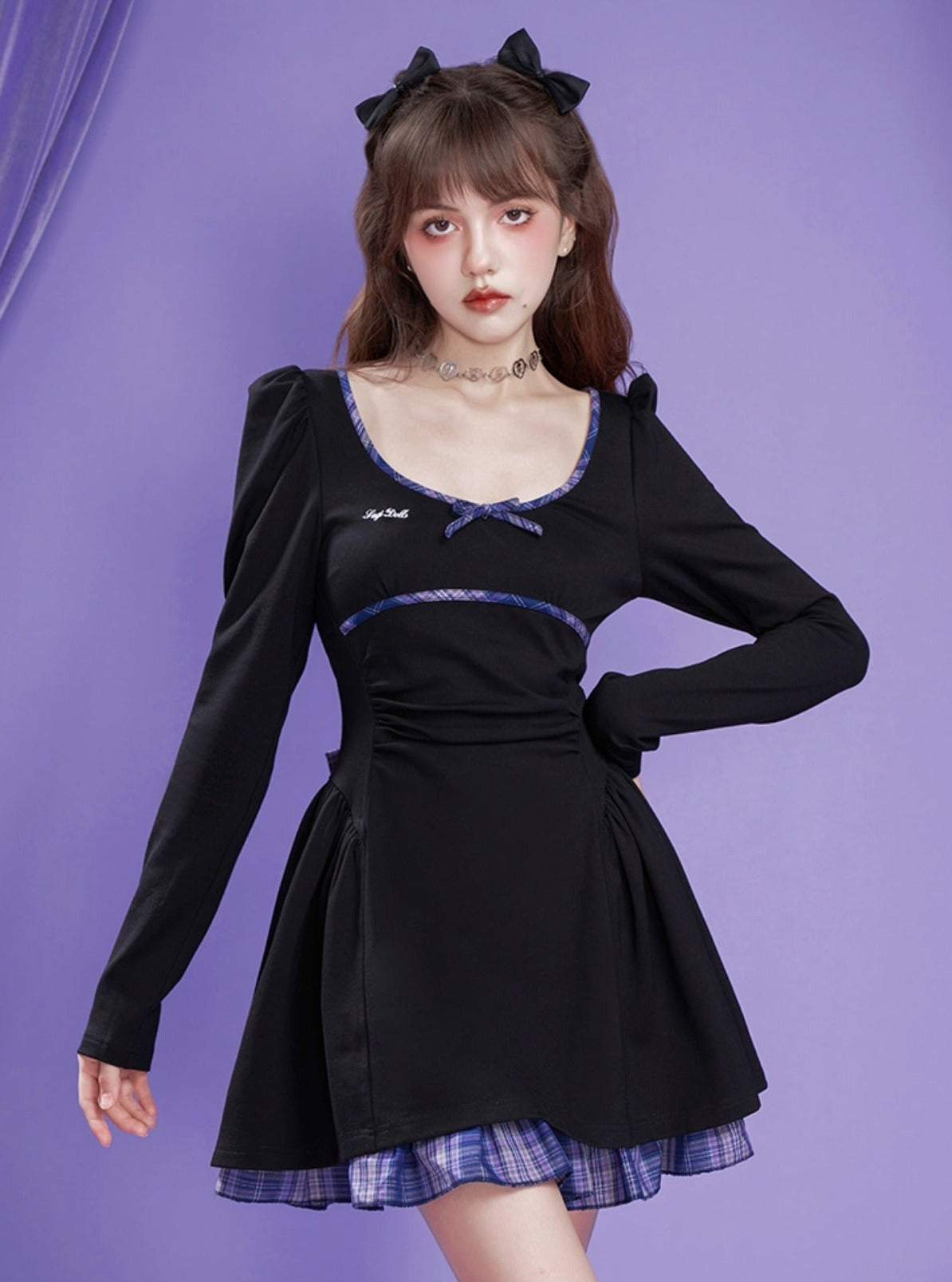 Bowknot lamb leg sleeve waist dress