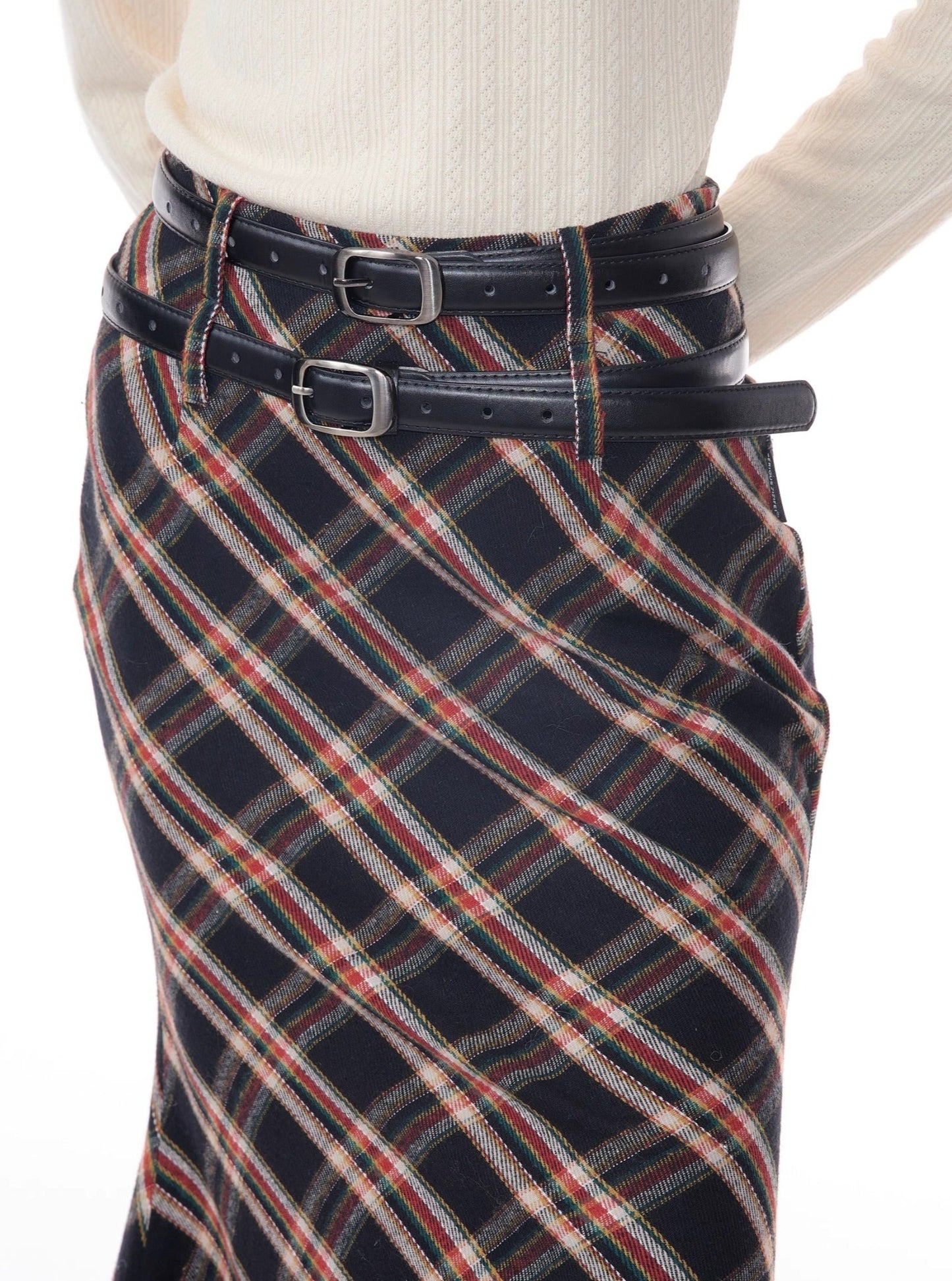 American retro high waist plaid skirt