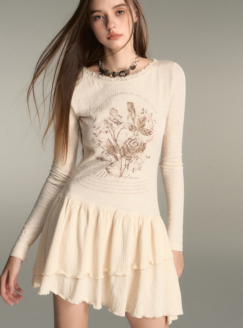 sense irregular lace panel long-sleeved dress