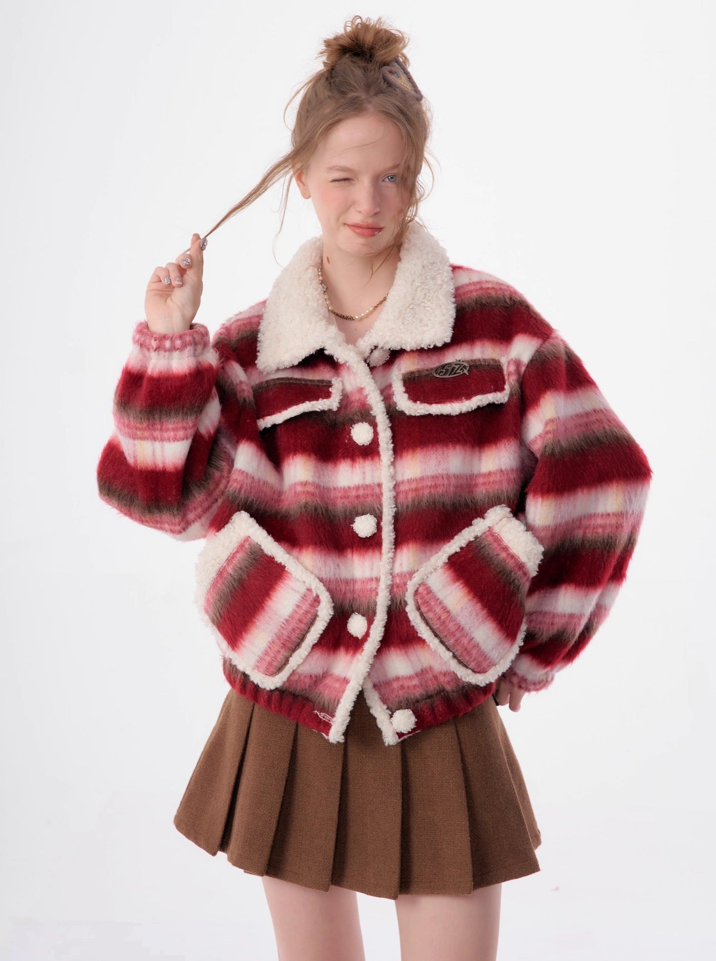 American lamb wool collar striped woolen coat