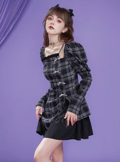 Plaid long-sleeve asymmetrical design dress