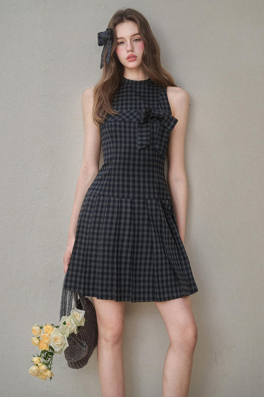 Elegant Bow Halterneck Check Pleated Dress