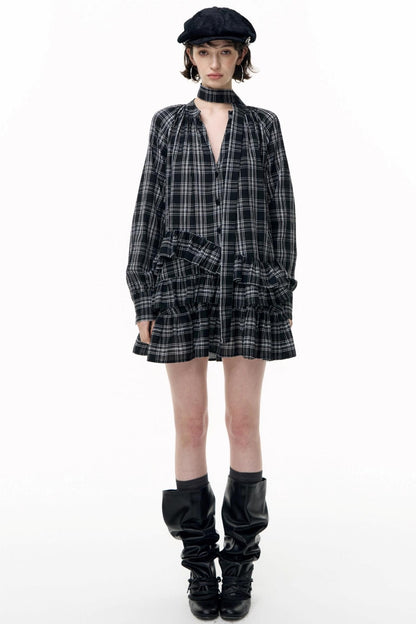 Plaid Ruffle Long Sleeve Shirt Dress