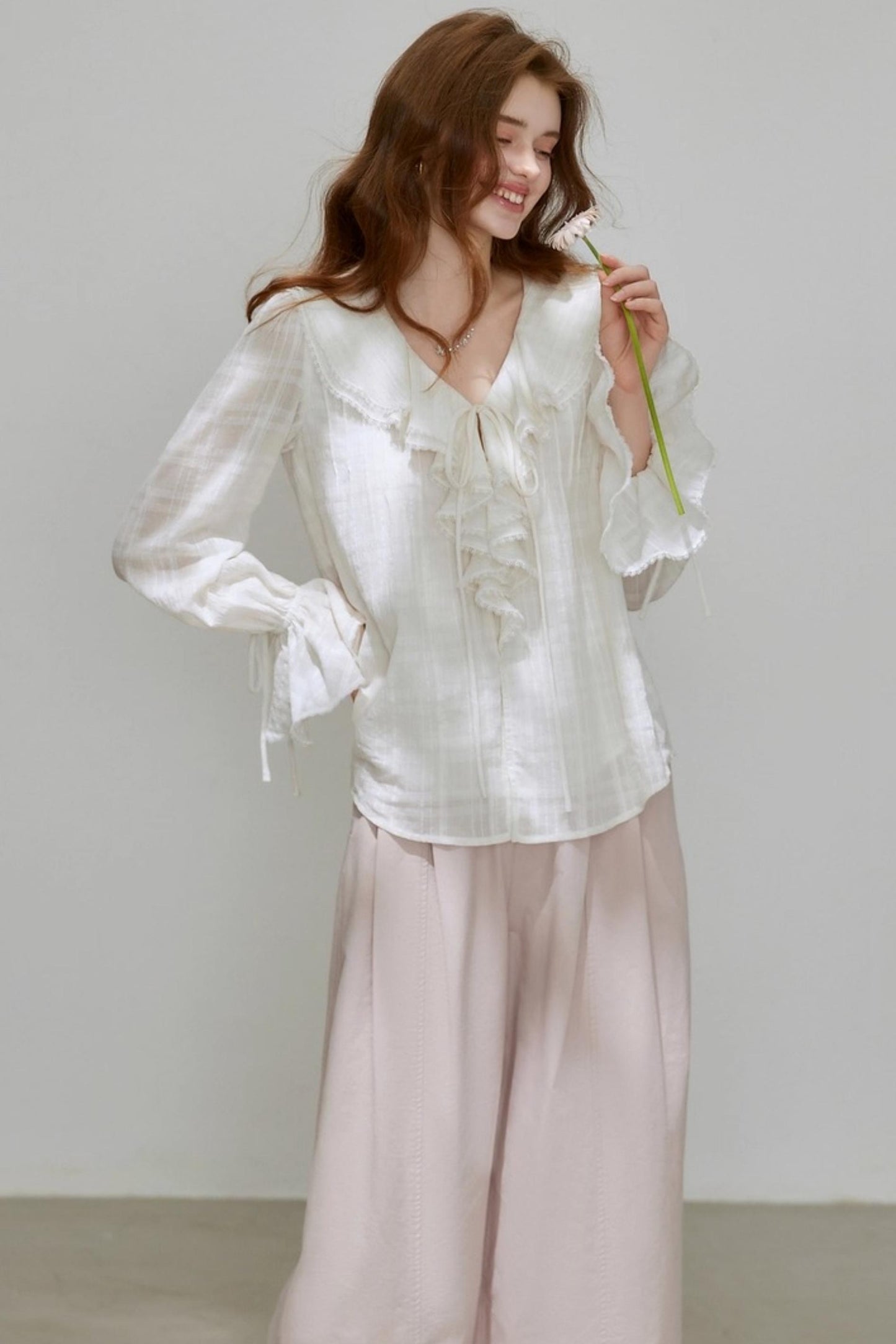 White V-Neck Ruffled French Top Shirt