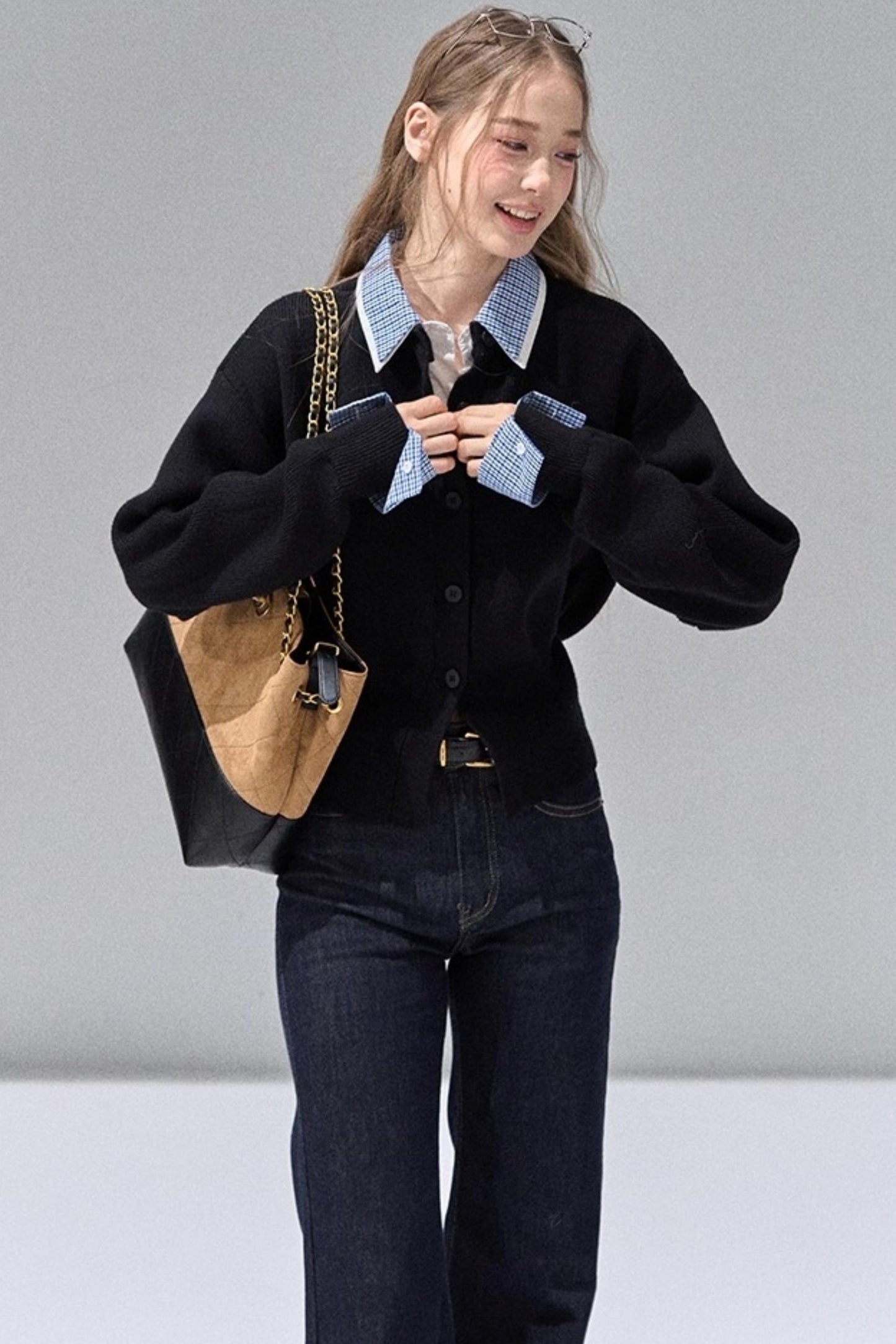 Fake Two Polo Lapel Sweater Skirt Set-Up