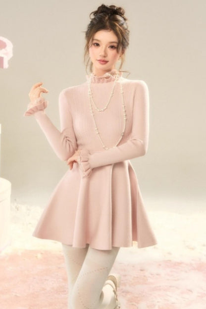 Lace High-Neck Knitted Dress