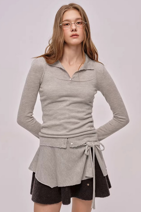 Doll Collar Knitted Cardigan Set-Up
