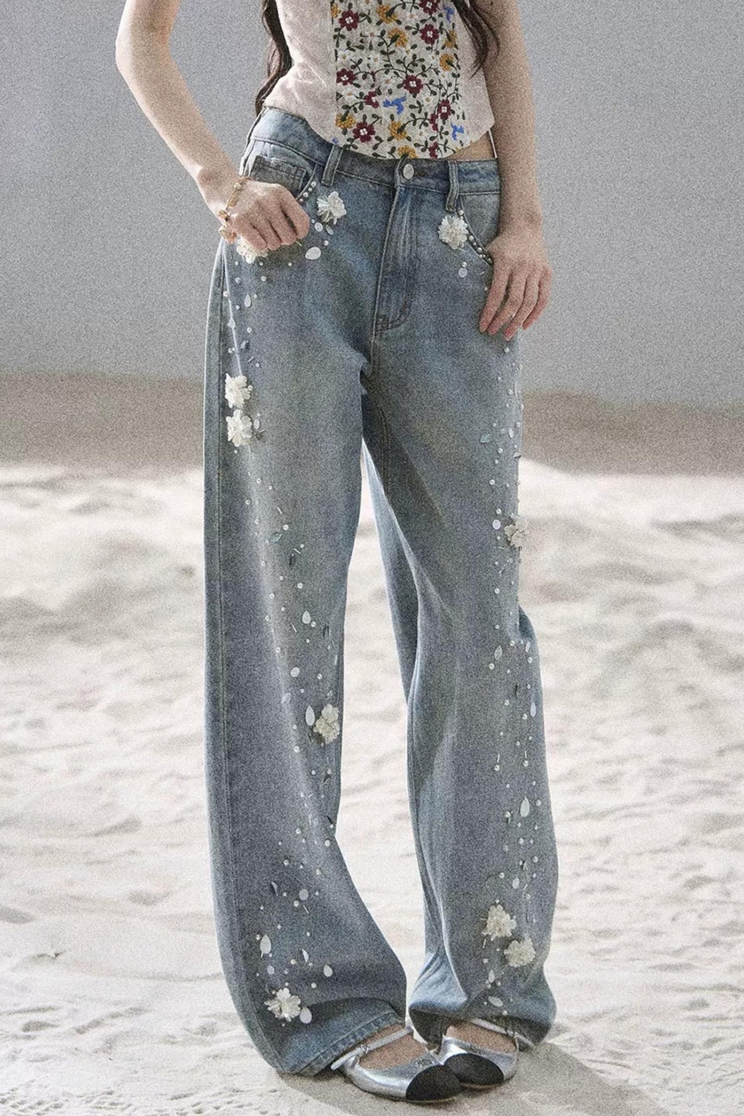 Starry Appliqué Denim Pants