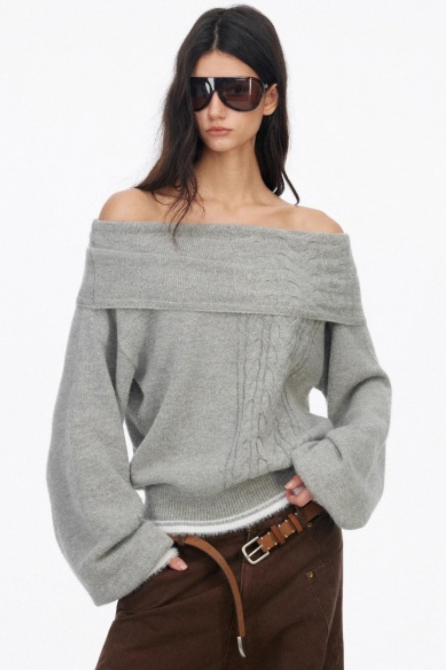 Off-Shoulder Color-Blocked Knit Sweater