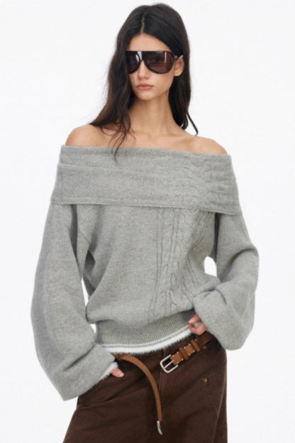 Off-Shoulder Color-Blocked Knit Sweater