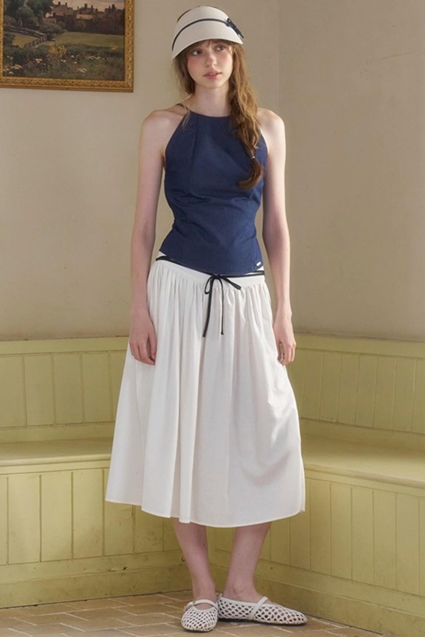 Cow Blue Pleated Denim Wide-Leg Pants Set-Up