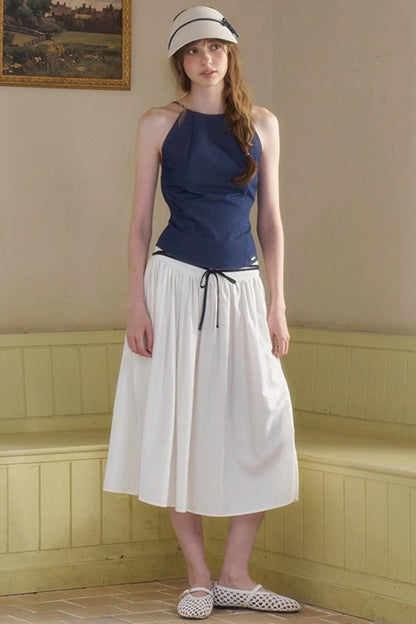 Cow Blue Pleated Denim Wide-Leg Pants Set-Up