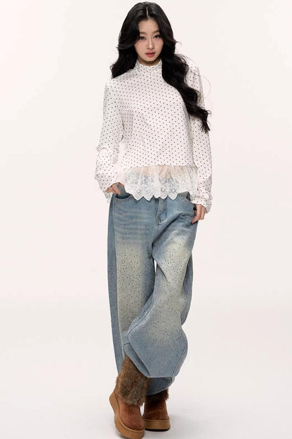 Polka Dot Lace Turtleneck Top