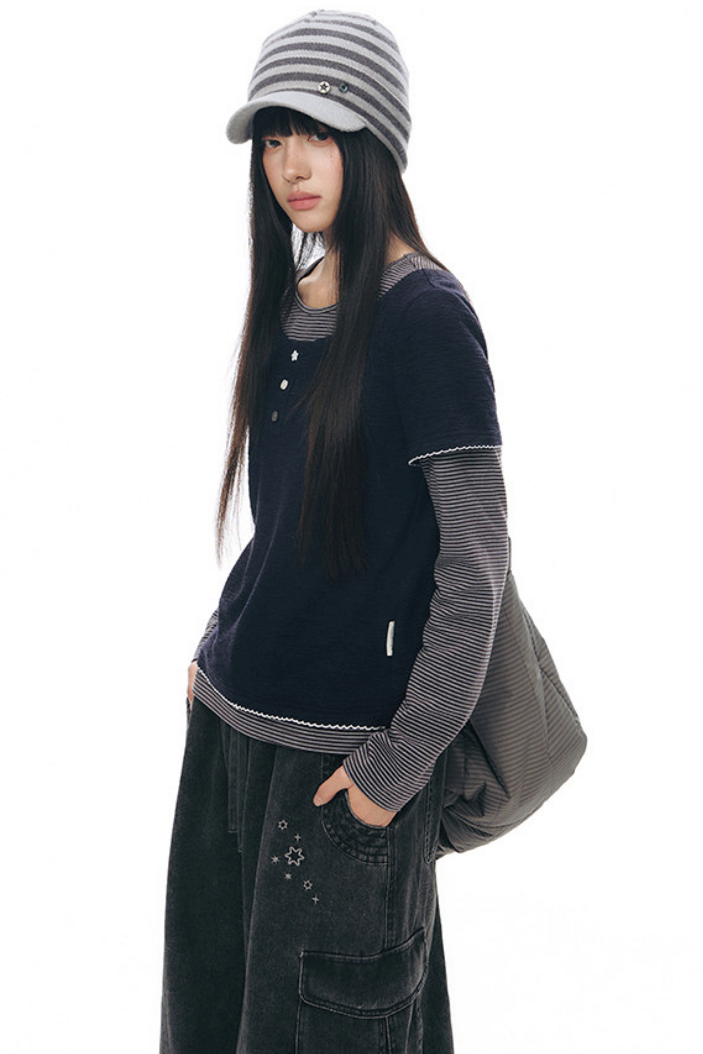 Henley Collar Fake Two-Piece Top