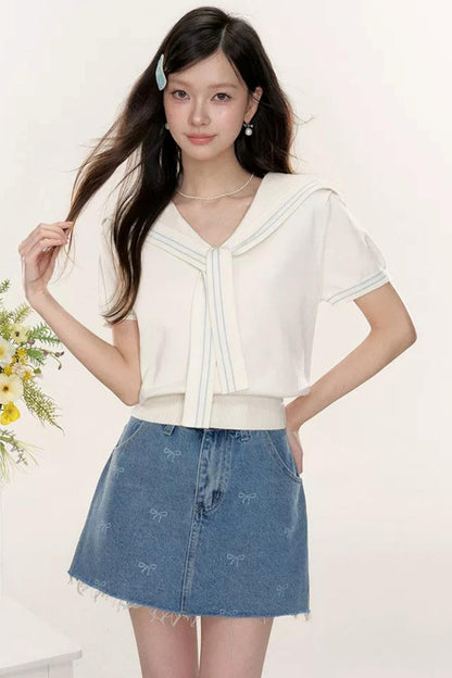 Sweet Sailor Collar Knit Top Set-Up