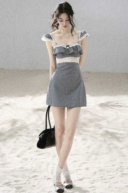 French Lace Plaid Summer Dress