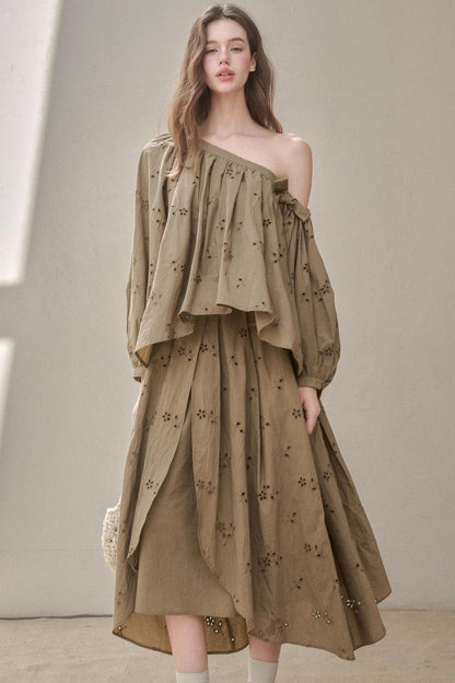 Embroidery Elegant Slanted Shoulder Skirt Set-Up