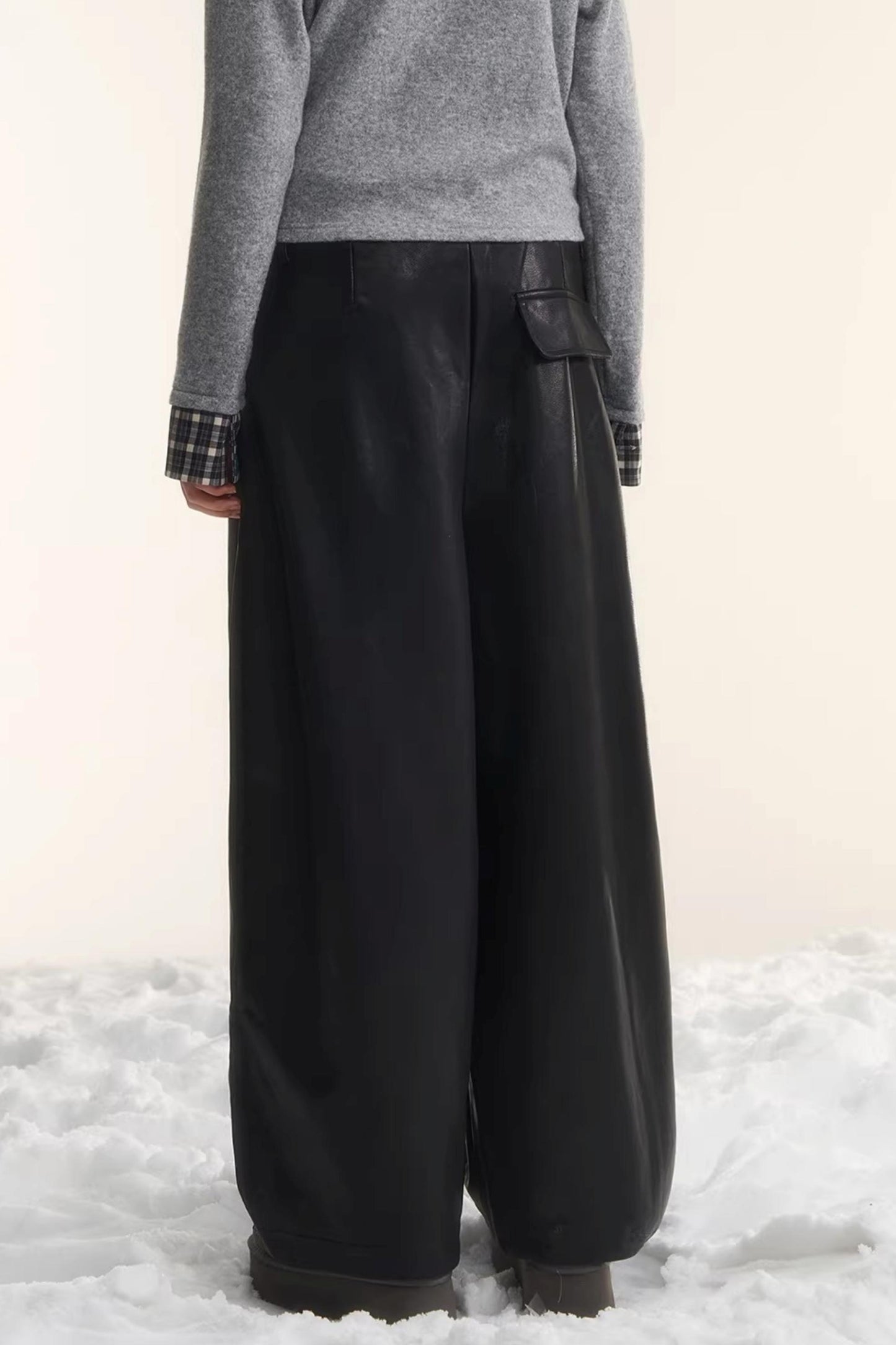 Elastic Waist Black Leather Pants