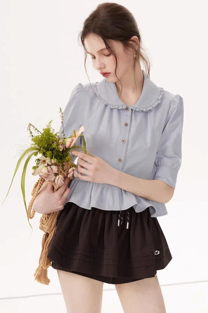 French Blue Ruffle Top