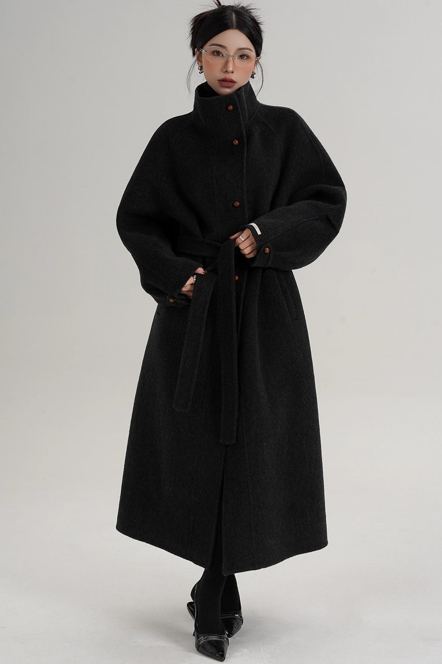 Elegant High-Neck Long Wool Coat