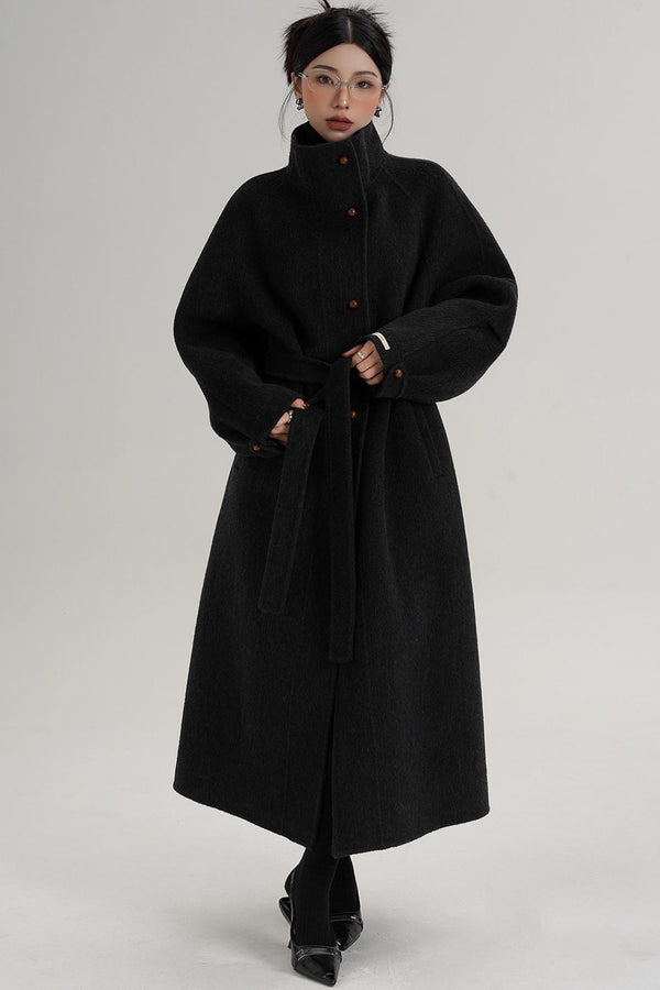 Elegant High-Neck Long Wool Coat