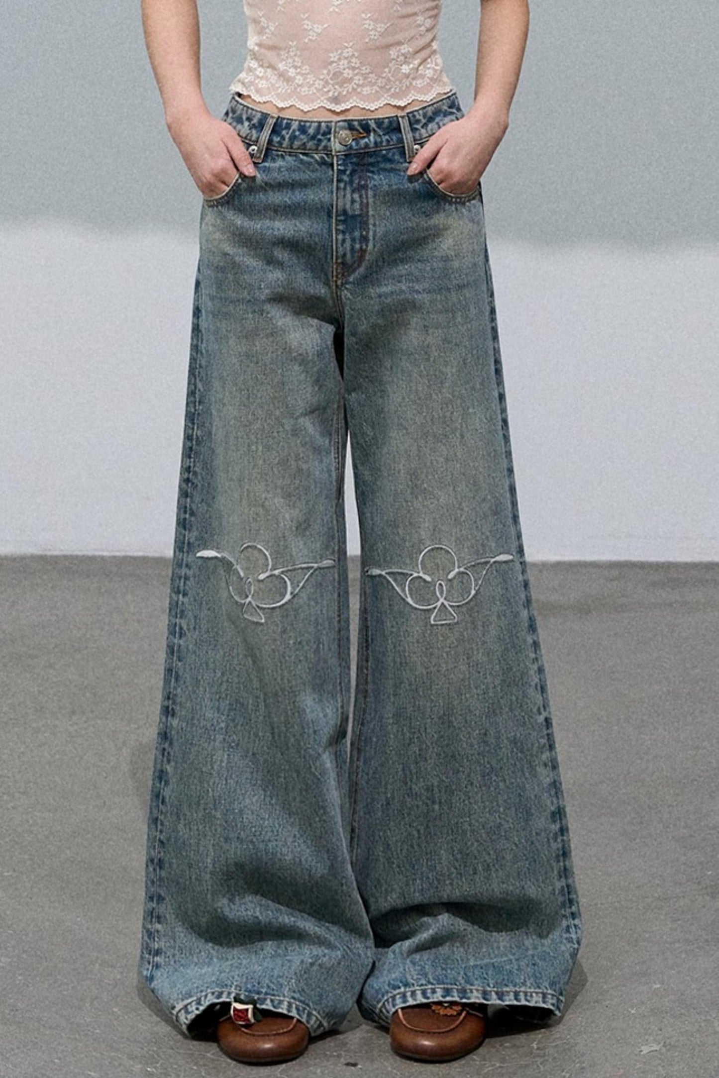 Vintage Burnt Flower Wide-Leg Jeans