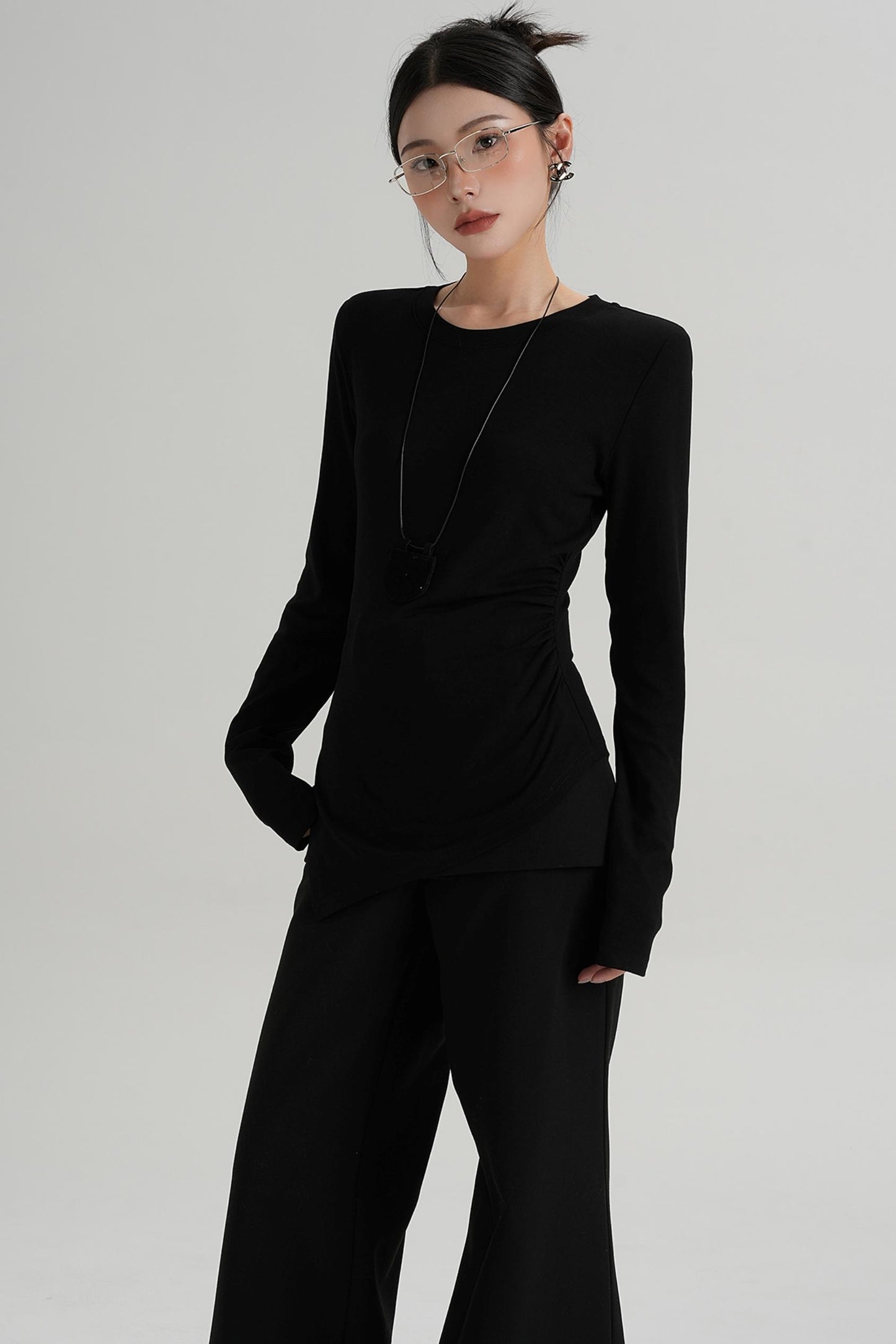 Shoulder Pads Hem Slit Long Sleeve T-shirt