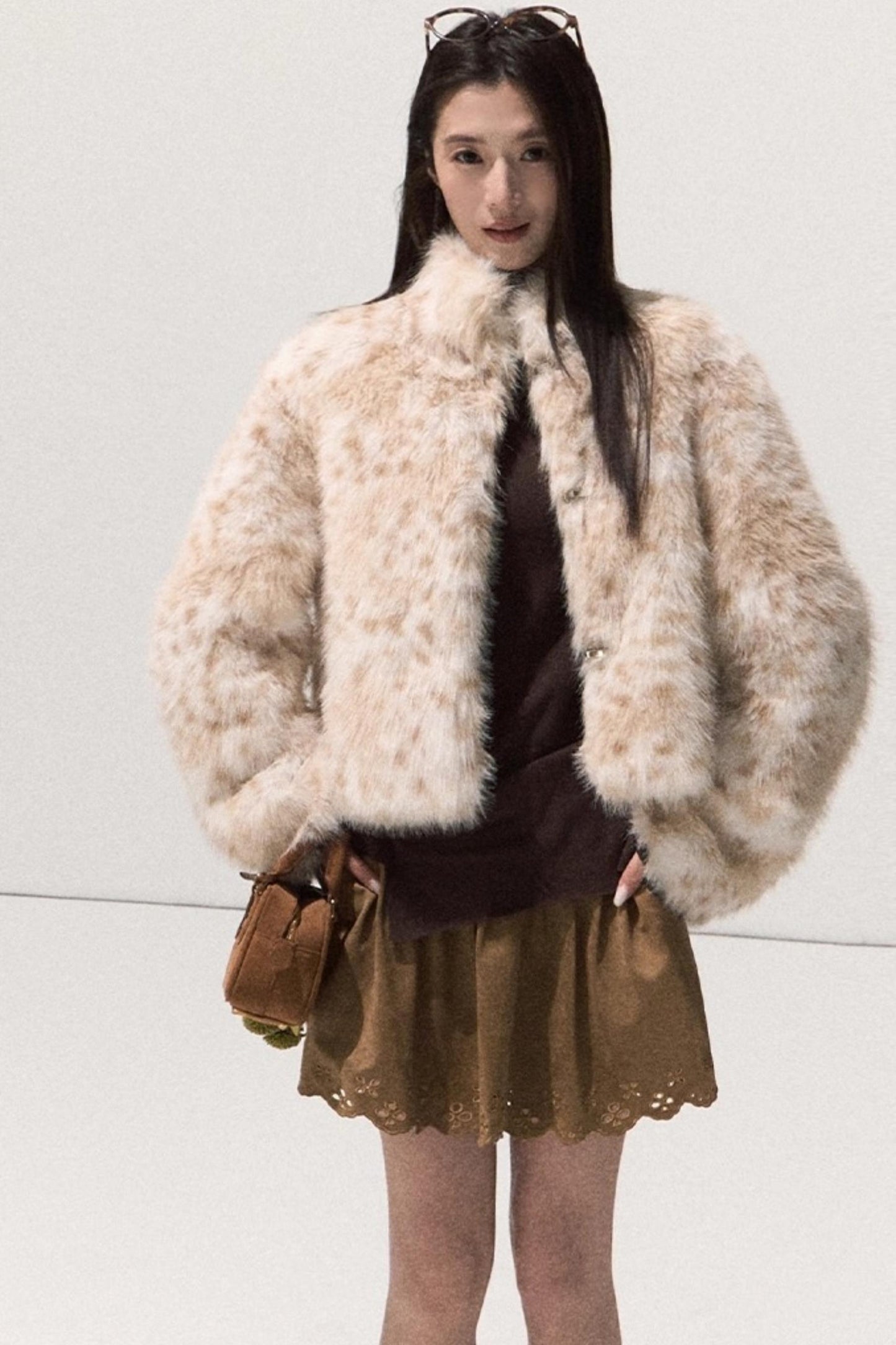 Girlish Leopard Print Fur Coat Set-Up