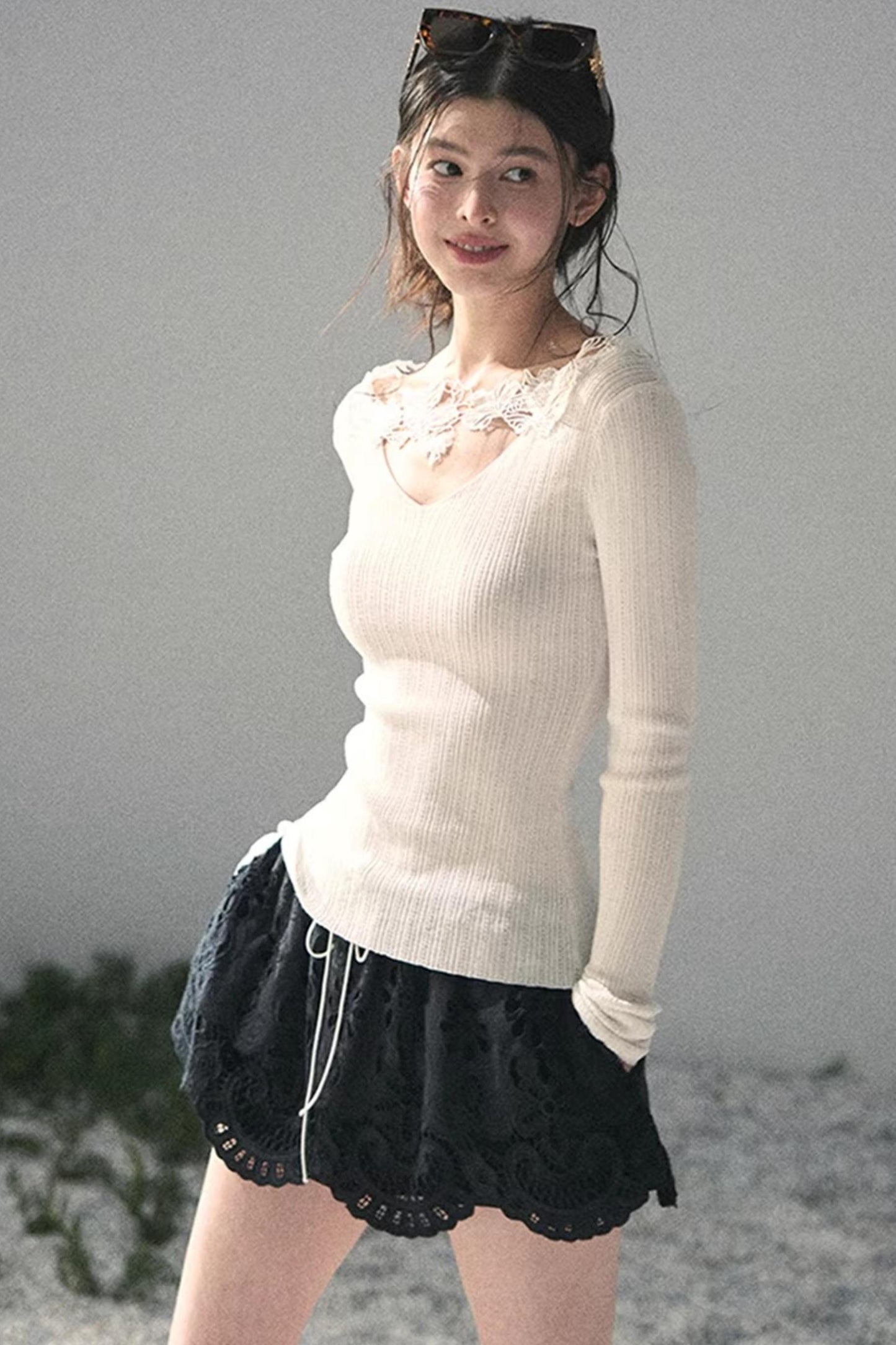 Lace-Trimmed Knitted Top