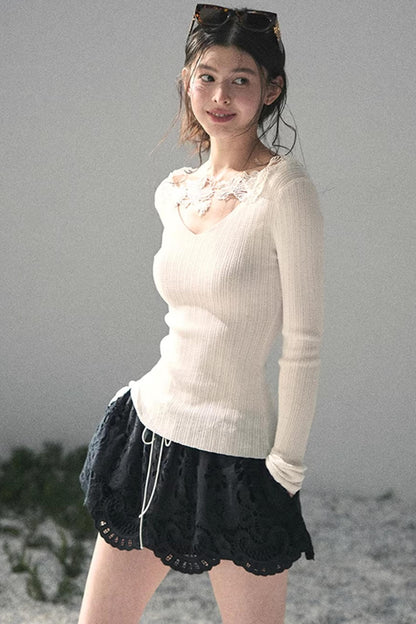 Lace-Trimmed Knitted Top