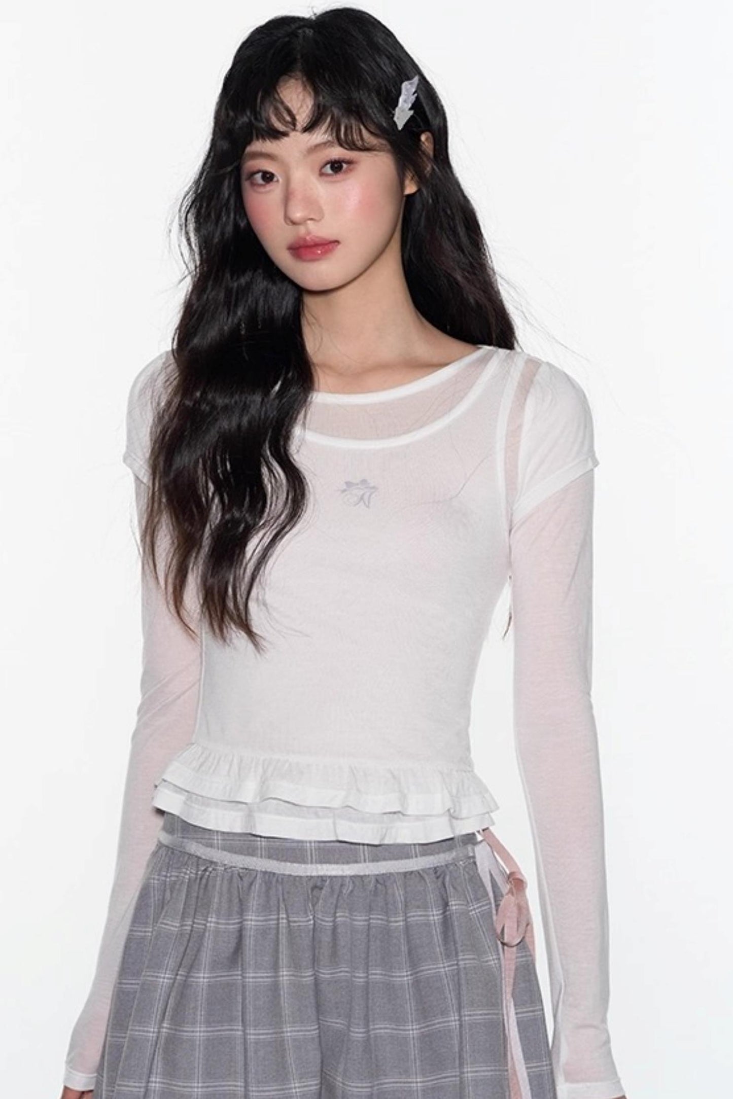 Ruffle Tencel Long-sleeved Top Set-Up