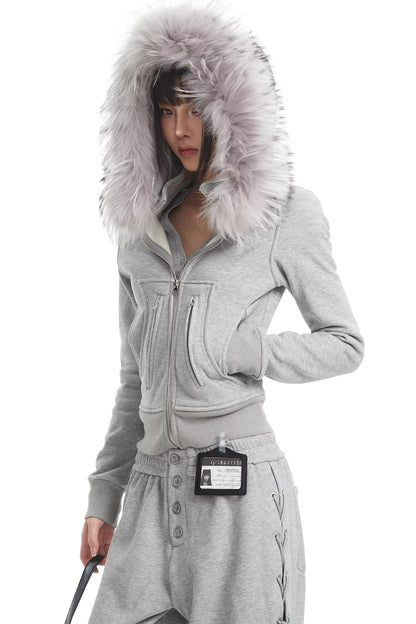 Korean Fur Collar Hooded Jacket Set-Up