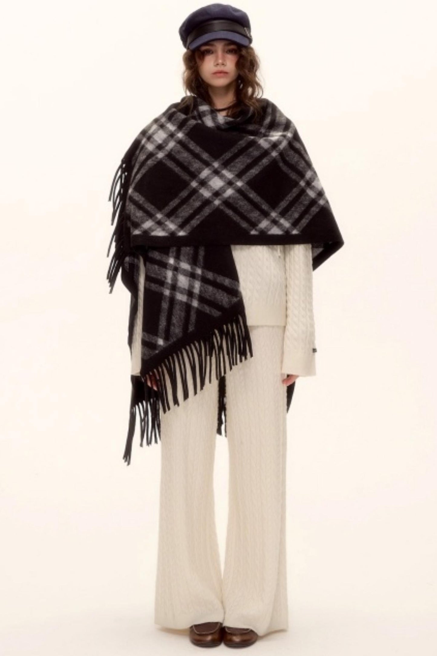 Retro Plaid Tassel Cape Shawl