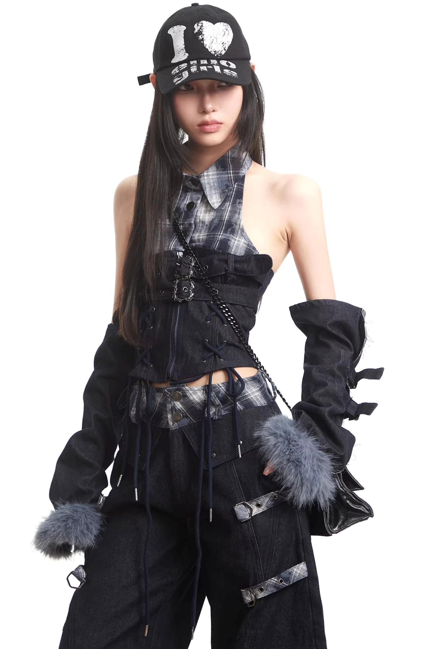 Plaid Patchwork Denim Set-Up