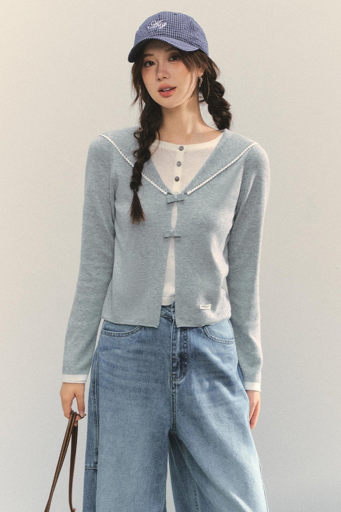 Sweet Navy Neck Knit Cardigan